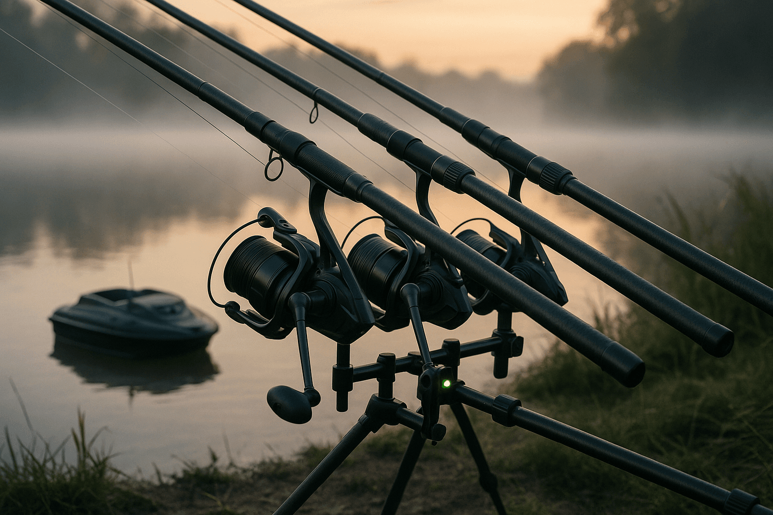 Carp rods with bite alarms and bait boat at dawn