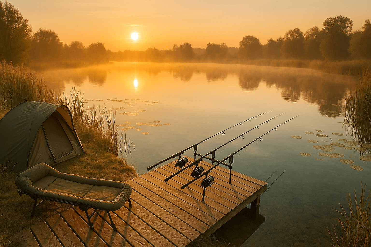 Carp fishing swim with bivvy and rod pod at sunrise
